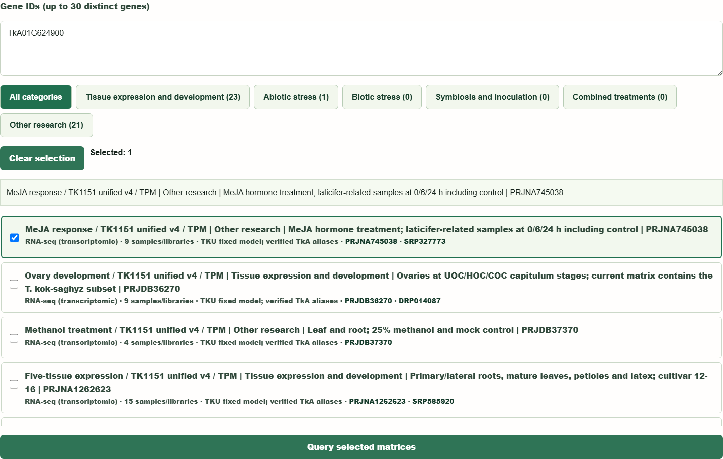 Public gene expression data: input and parameters